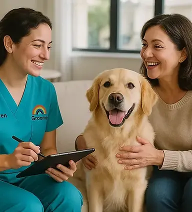 Veterinarian Lauren speaks with a smiling woman petting a happy Golden Retriever.