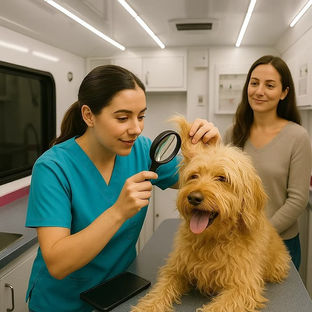 Vet examines dog's ear with magnifying glass, owner watches
