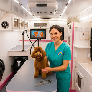 Groomer and poodle in mobile pet salon