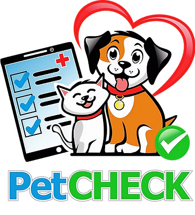 PetCHECK logo: dog and cat with a tablet showing a wellness checklist