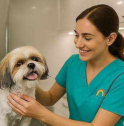 Smiling vet petting a happy Shih Tzu dog