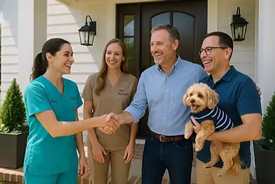 Vet shaking hands with pet owner, next to happy dog and vet tech