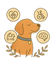 Dog with icons for pet care, support, and well-being