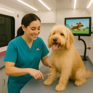 Woman grooming a Goldendoodle in a mobile pet salon