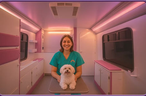Mobile pet groomer with small white dog in van