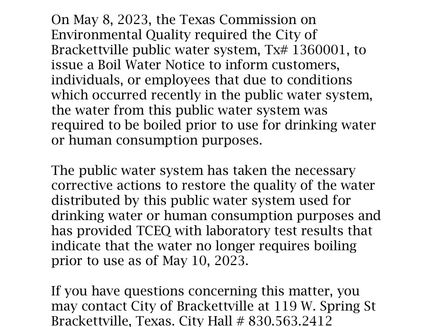 Boil Water Notice Rescinded May 10, 2023