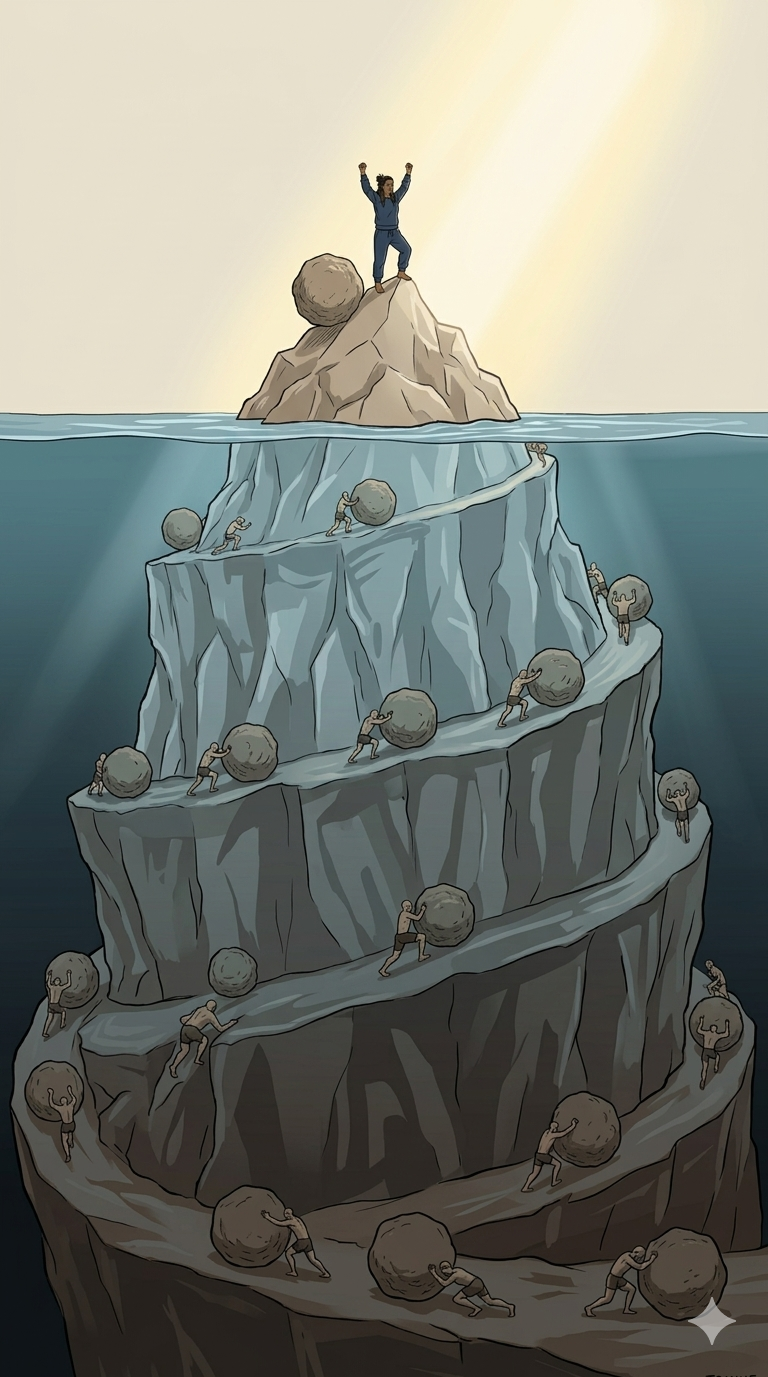 Woman celebrating on the top of the mountain above the water, under which there are many people helping her push the boulder up to the surface.