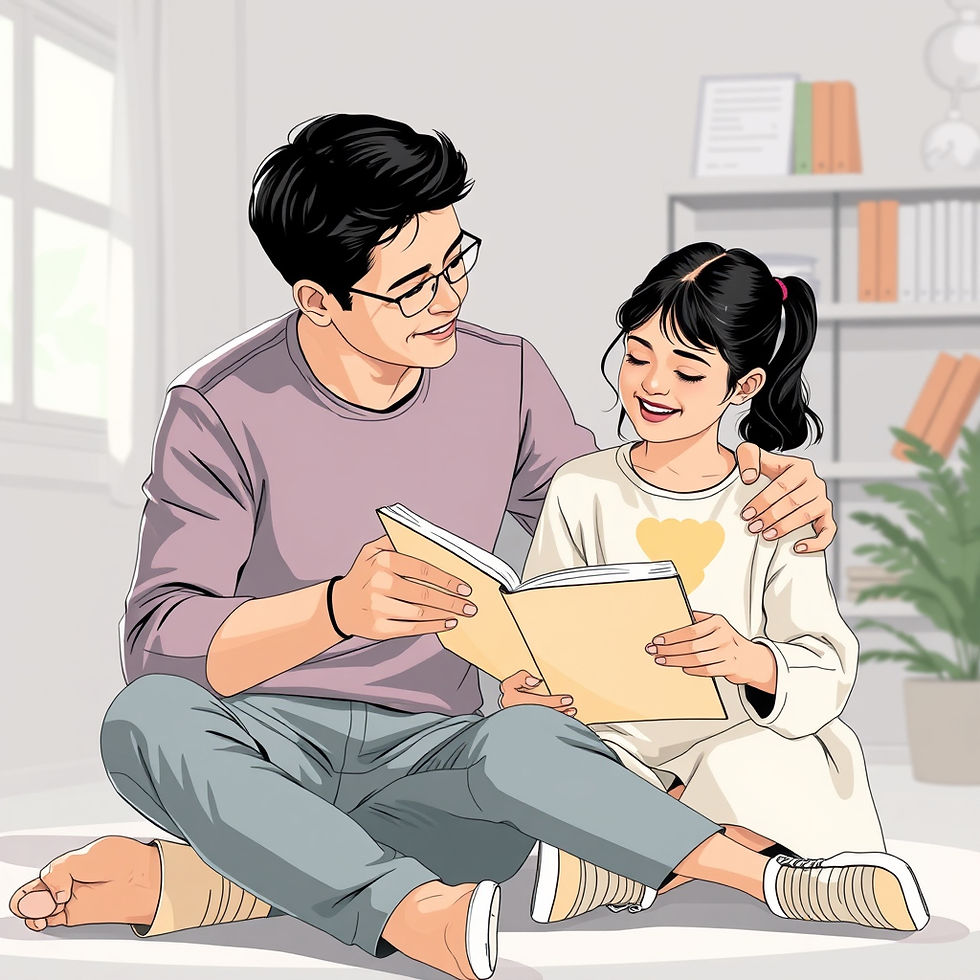 A parent lovingly guides their child through the steps of a scholarship application, fostering learning and support in a cozy setting.
