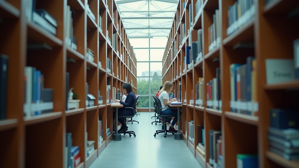 Wide angle view of a library with students working