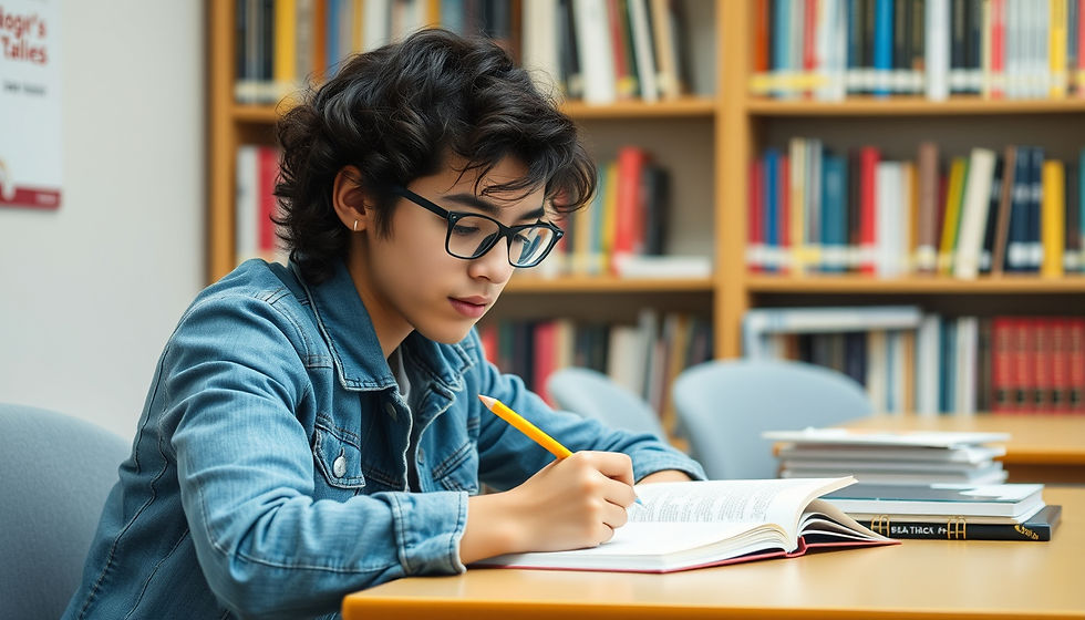 Eye-level view of a student studying with books