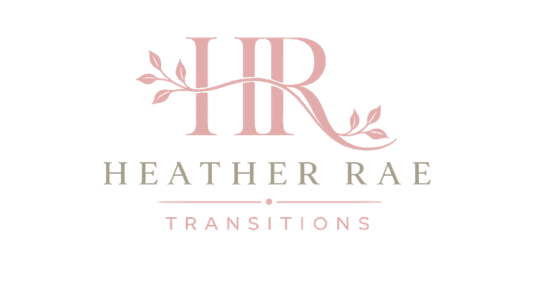 Stylizied HR logo with flowered branch- with name of company. Heather Rae Transitions
