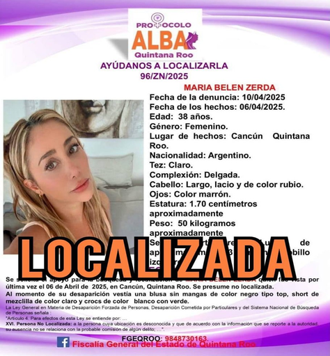 Encuentran sana y salva a argentina desaparecida en Cancún