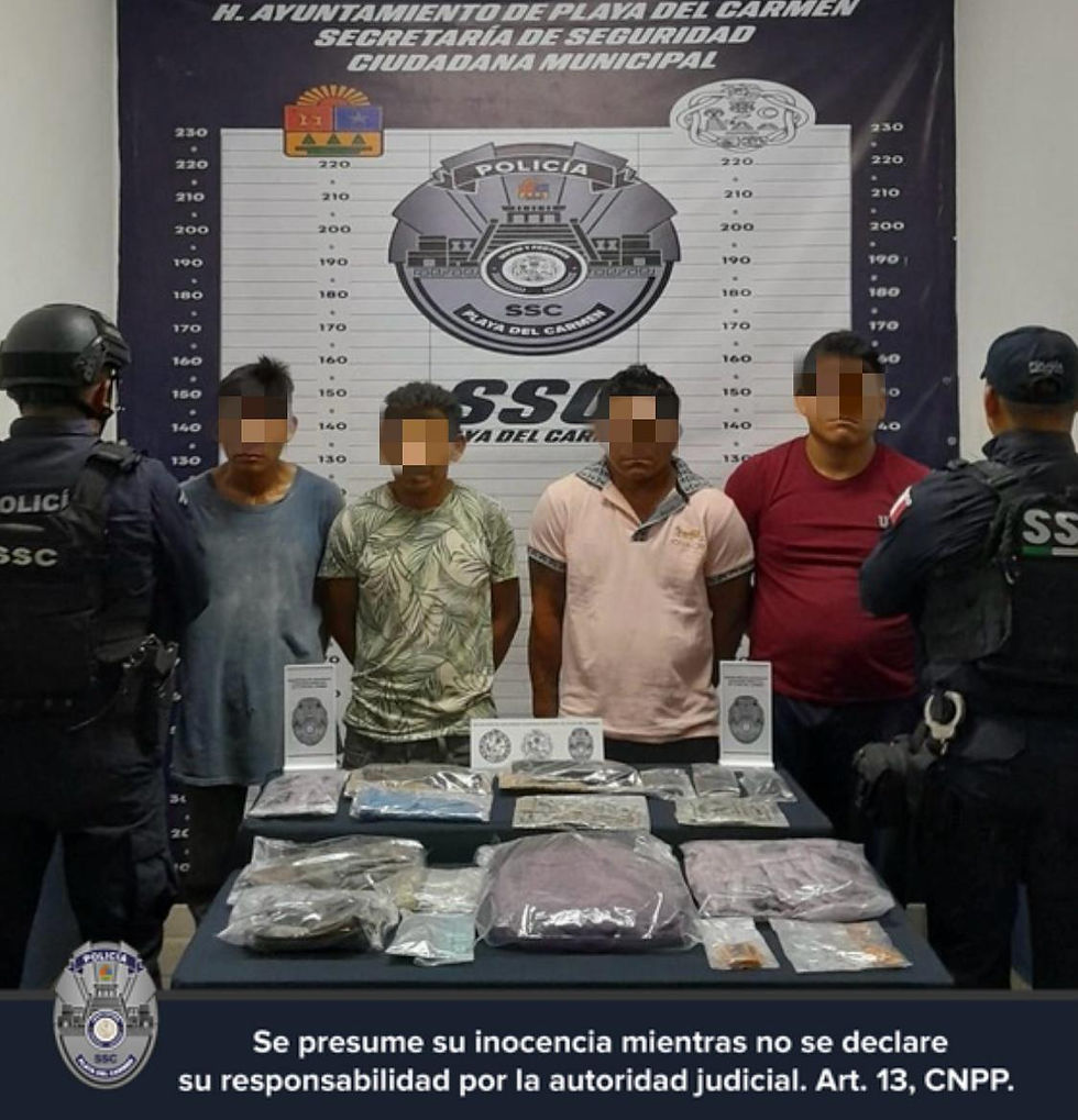 Los detenidos fueron identificados como Noé “N”, de 40 años, y Guillermo “N”, de 44 años, originarios del estado de Yucatán; así como Margarito “N”, de 32 años, y Felipe “N”, de 35 años, ambos originarios de Chiapas.