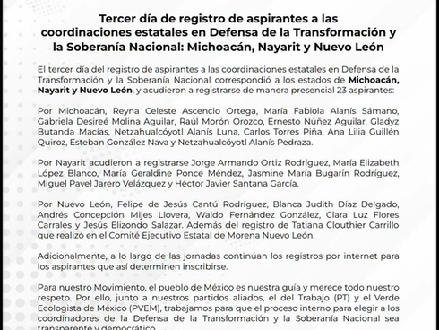 Morena suma 23 nuevos registros en el tercer día del proceso para coordinaciones estatales
