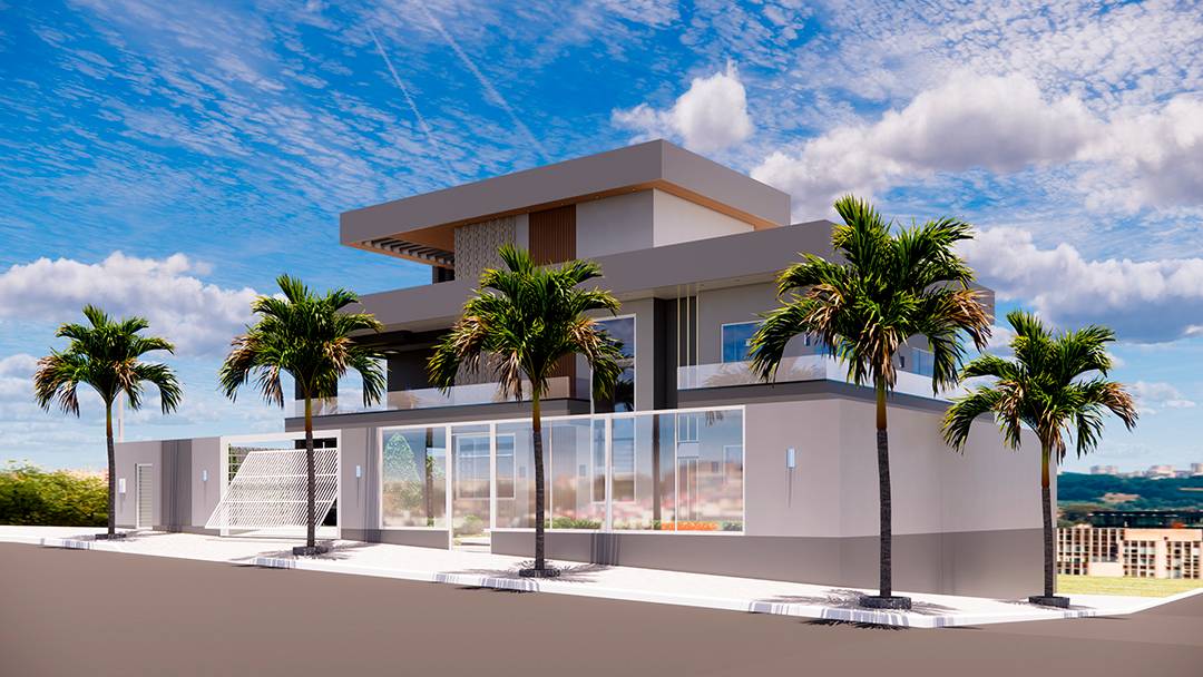 Projeto residencial de alto padrão com 320m² distribuídos em três pavimentos. Modelagem 3D completa desenvolvida para visualização e aprovação do cliente antes da execução.
