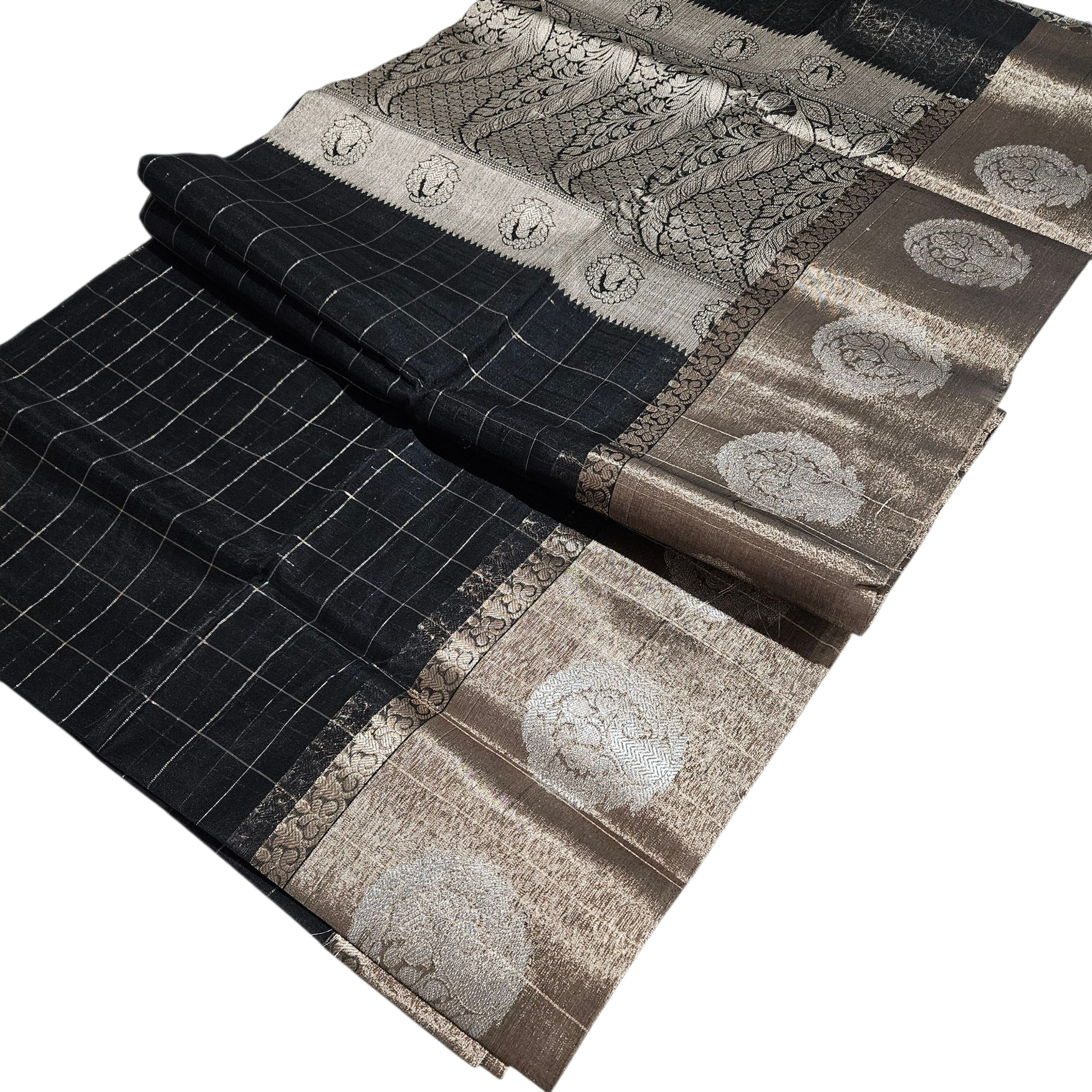 Black & Gold Chanderi Silk Cotton Saree with Silver Zari Work & Blouse Piece