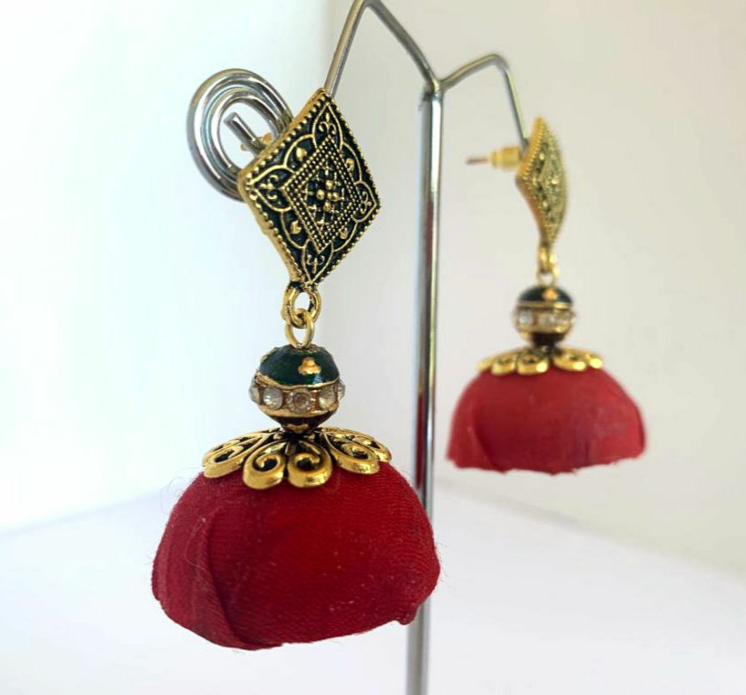 Red fabric jumkas with antique Gold toned studs