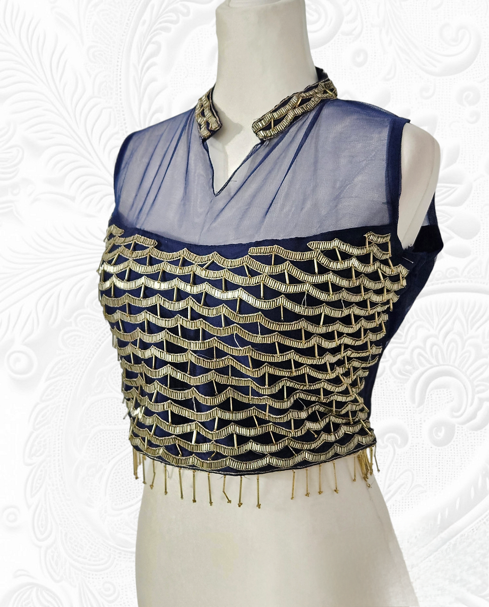 Thumbnail: Navy Blue Silk Blouse with Collar and Beaded Embroidery - Elegant fashion