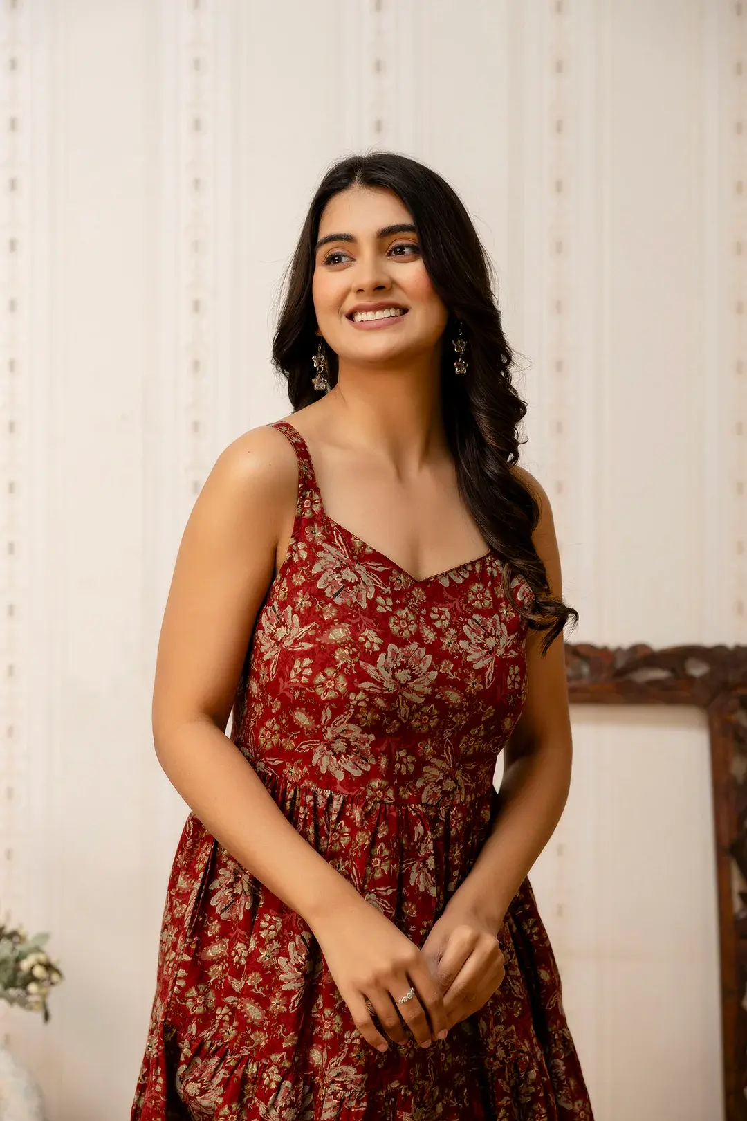 Maroon Floral Printed Flared Dress for Women