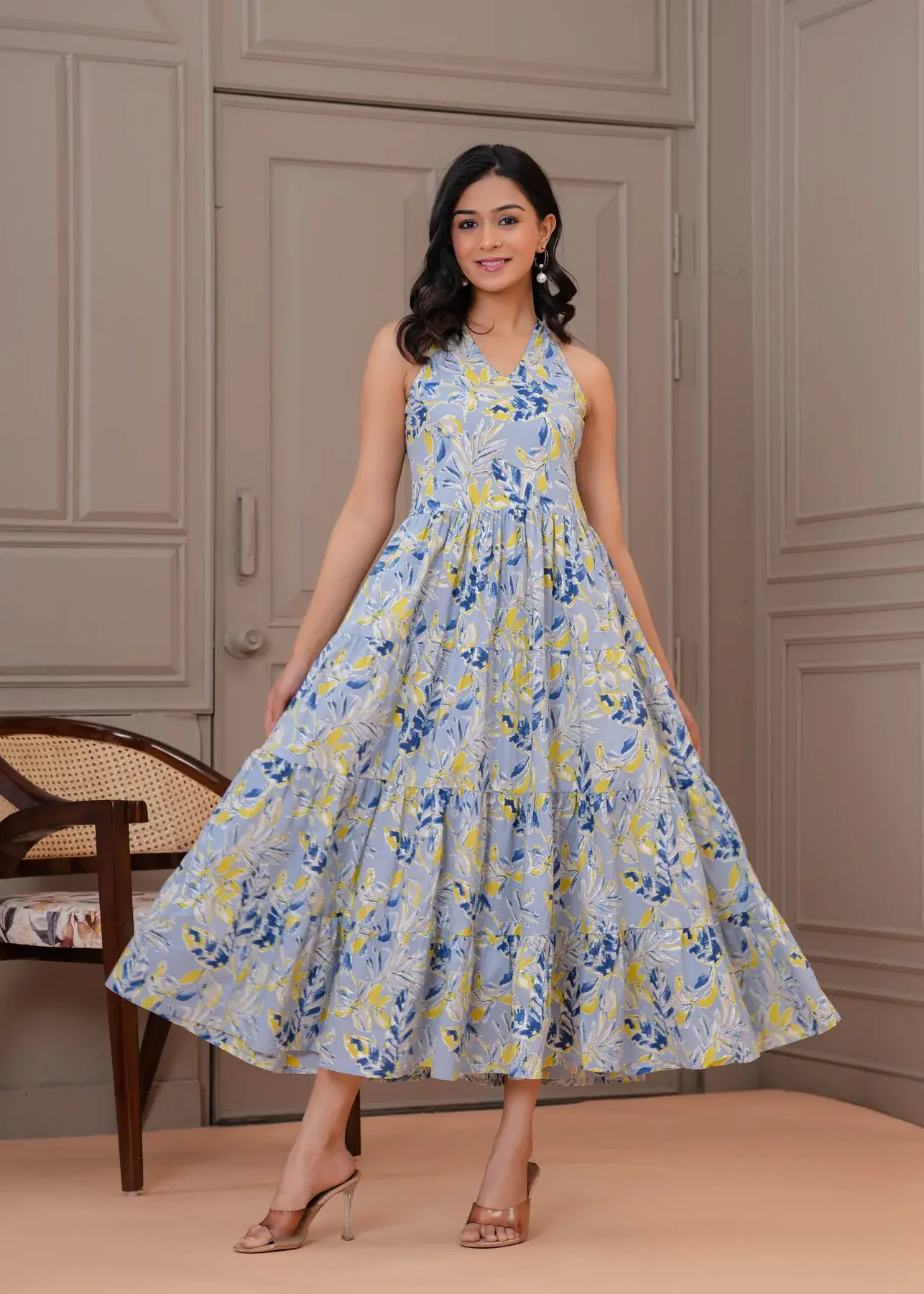 Printed Blue Halter Neck Dress for Women