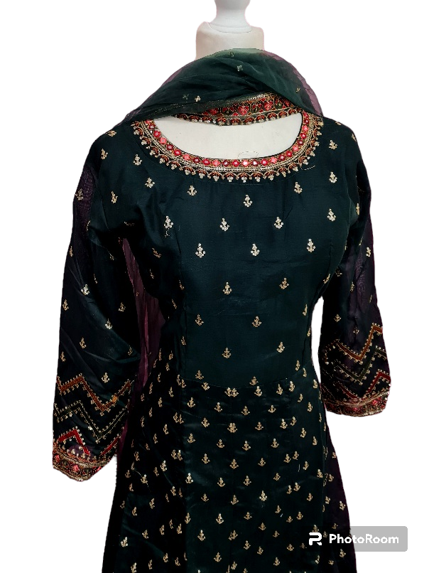 Thumbnail: Exquisite Bottle Green Chanderi Silk Anarkali Suit - Elegant Indian Ethnic Wear 