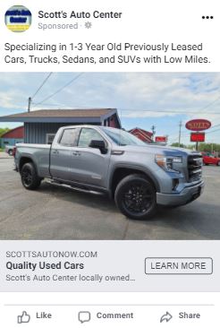 Scott's Auto Facebook ad featuring a silver pickup truck.