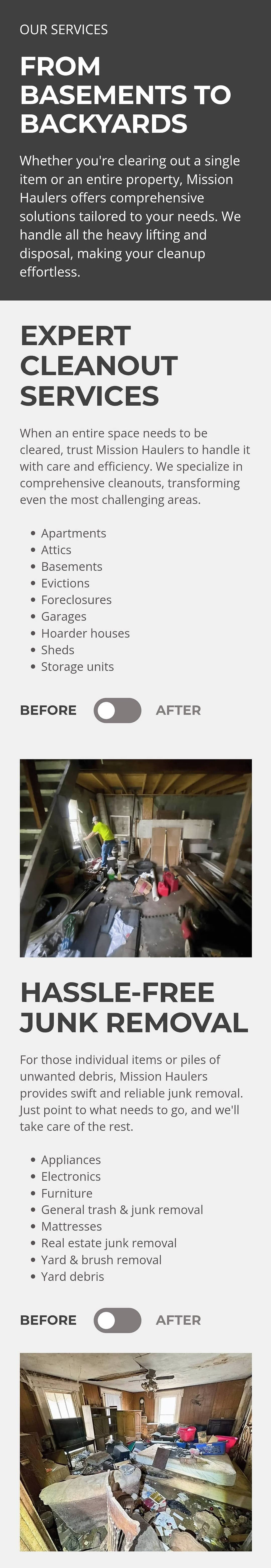 Mission Haulers mobile website Cleanout Services