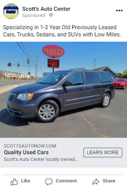 Scott's Auto Facebook ad for used minivans.