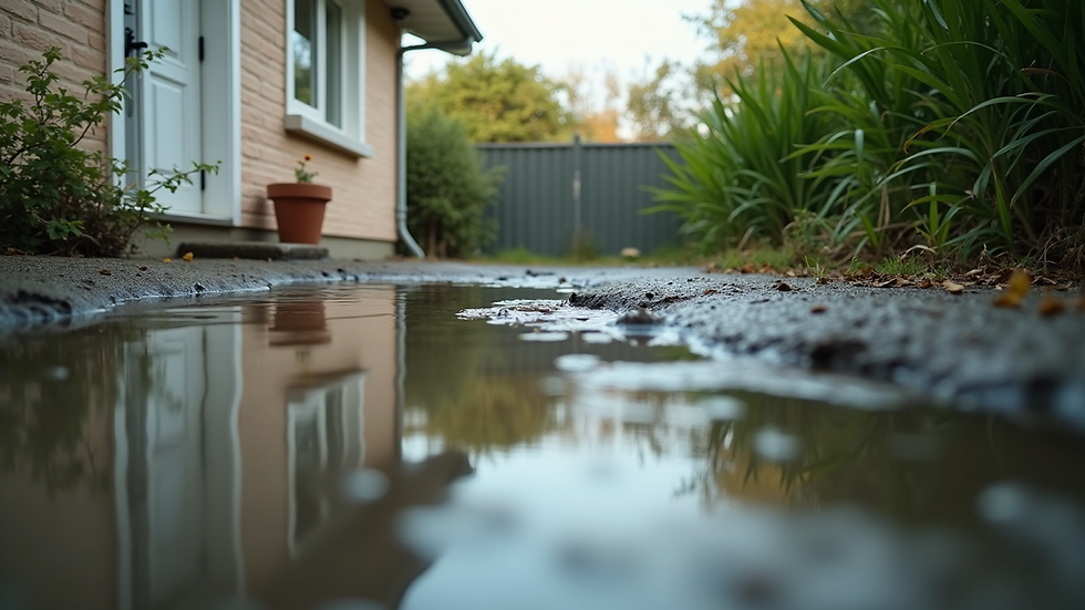 Eye-level view of a backyard with water pooling near the house foundation