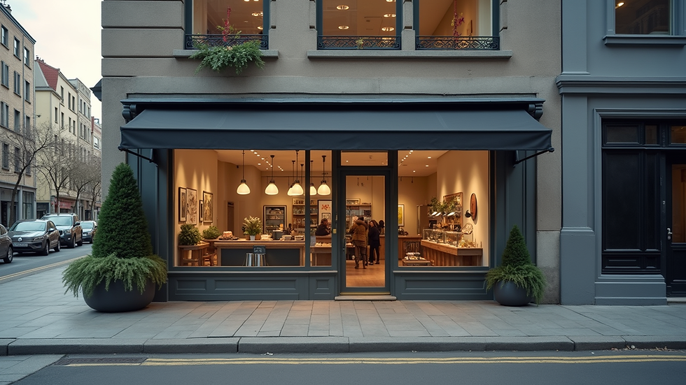 Eye-level view of a small business storefront with clear signage