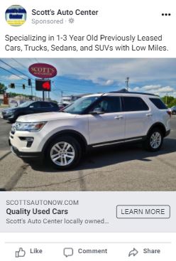 Scott's Auto Facebook ad showing a white SUV for sale.