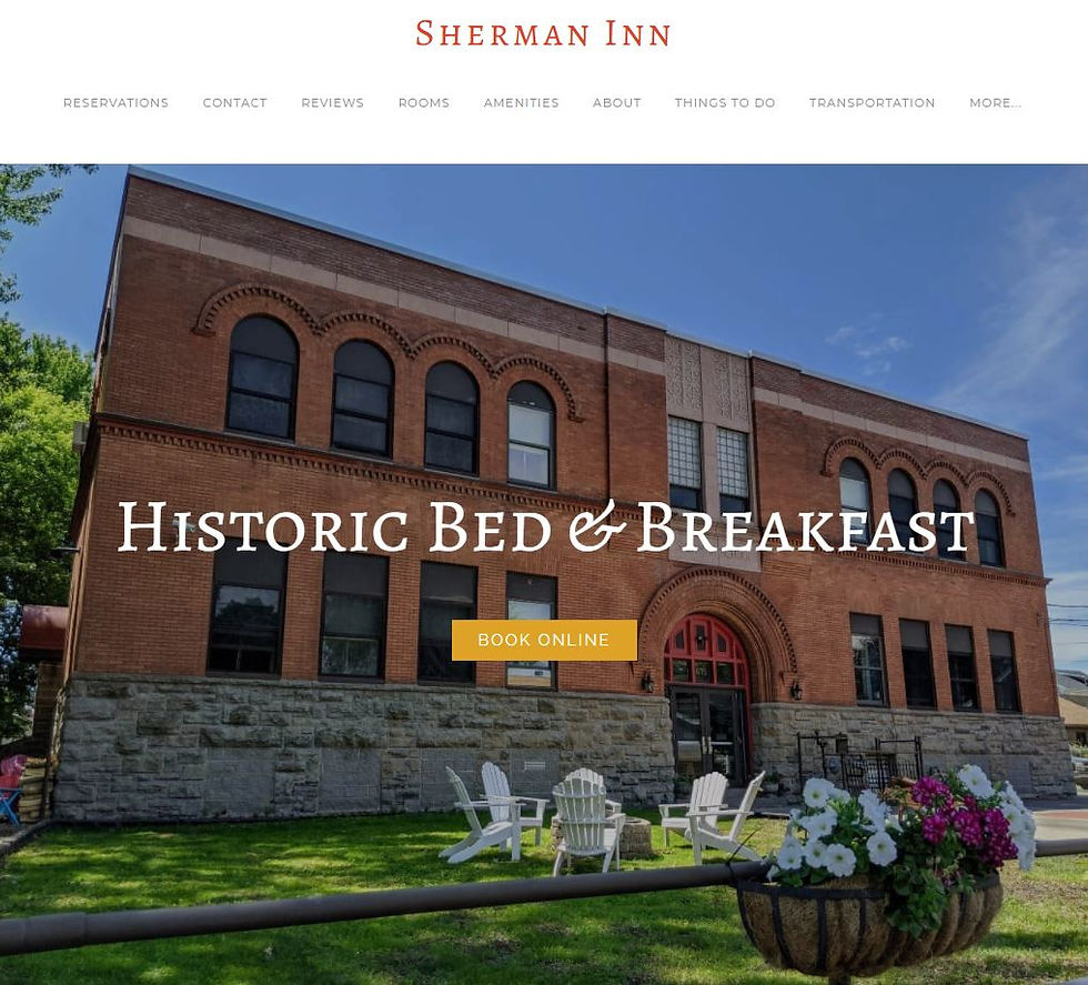 Historic brick building with arched windows and "Sherman Inn" site branding. White chairs and flowers on grass, blue sky. "Historic Bed & Breakfast" text.