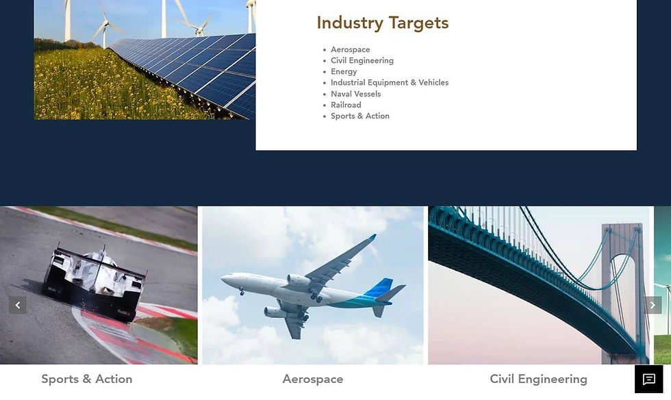 Solar panels and wind turbines on a field. Text: Industry Targets. Below, images of a race car, airplane, and bridge labeled Sports & Action, Aerospace, Civil Engineering.