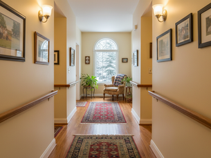Eye-level view of a well-lit hallway with handrails on both sides