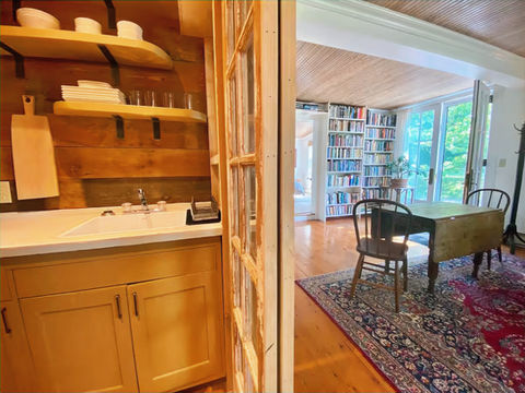 kitchenette and dining in farmhouse suite at barn & bike in redhook, ny