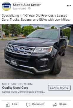 Scott's Auto Facebook ad featuring a black Ford SUV.