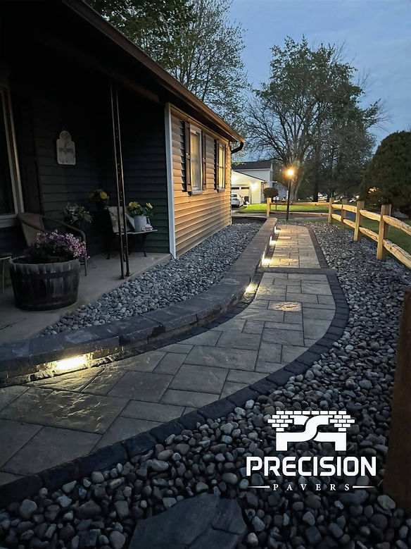 patio paver walkway landscaping with outdoor lighting