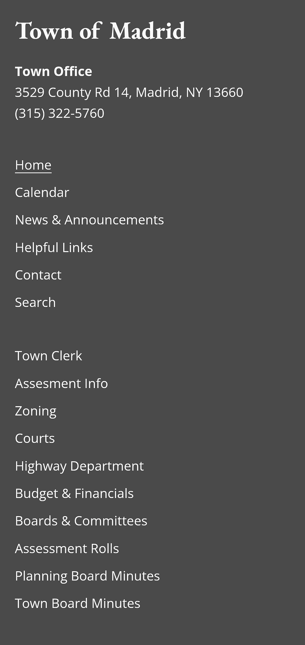 Town of Madrid NY mobile website footer
