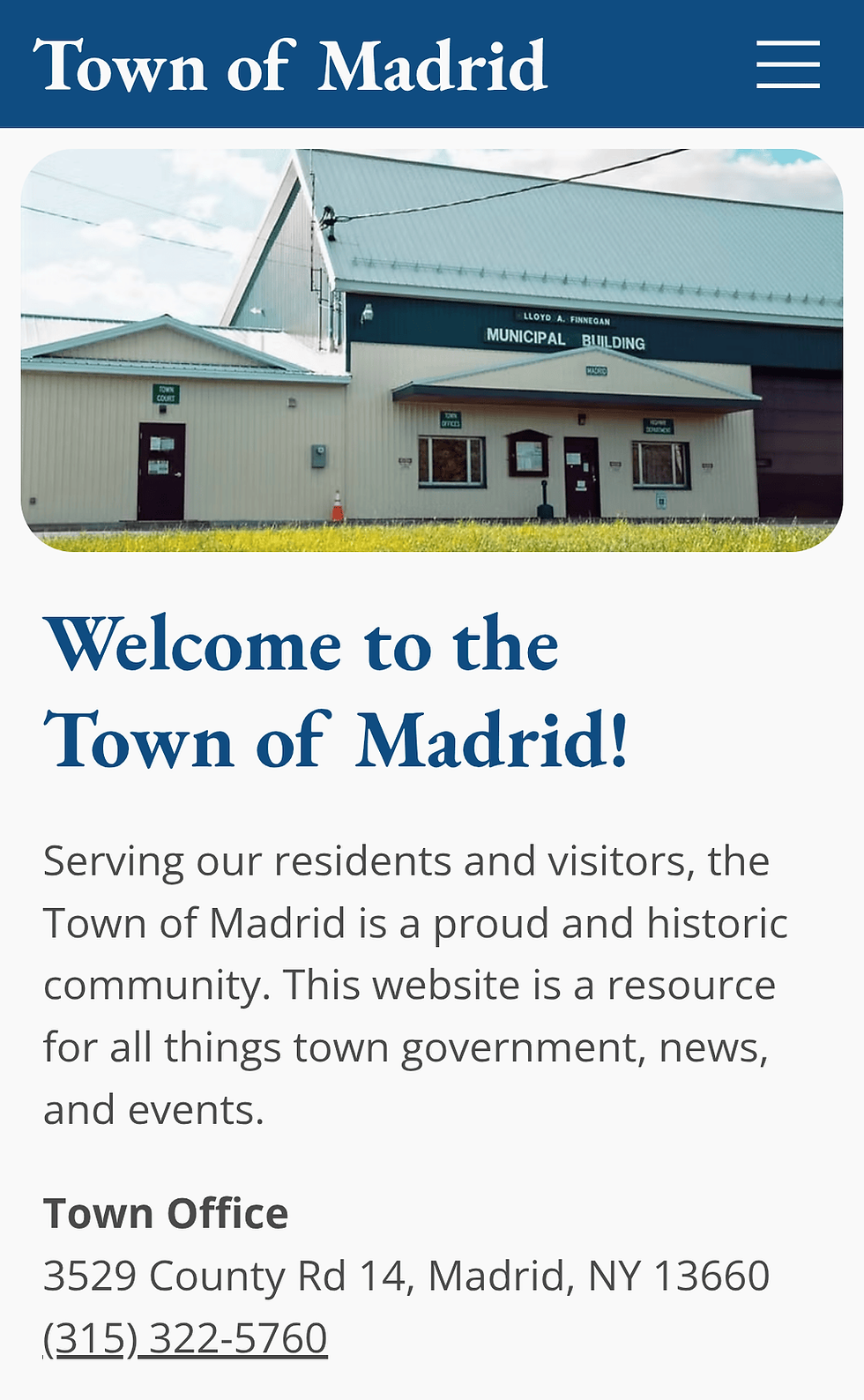 Town of Madrid NY mobile website home page header