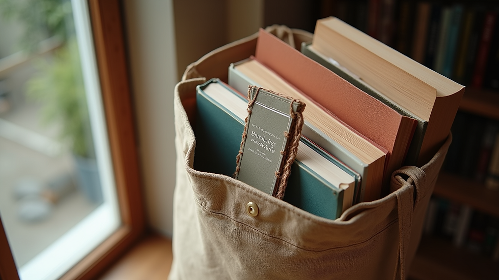 High angle view of a literary tote bag filled with books and a handcrafted bookmark