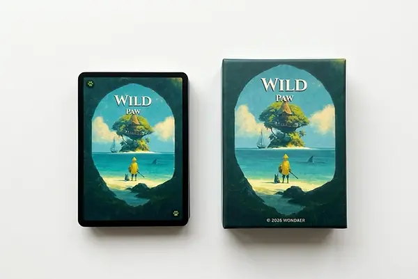 Wild Paw prototype box and card stack photographed from above.
