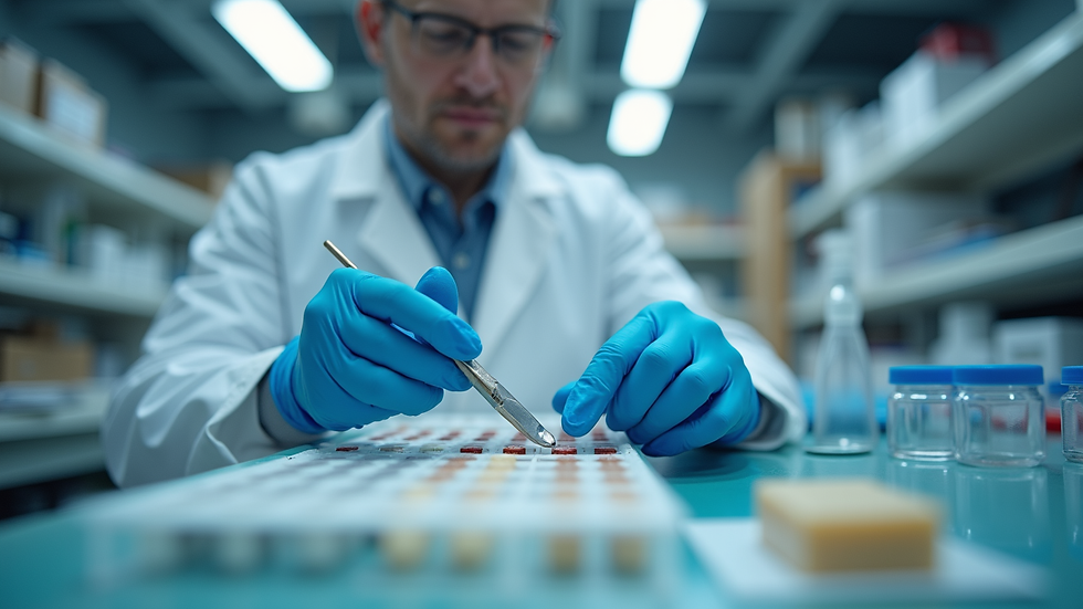 Eye-level view of a professional inspecting product samples in a lab