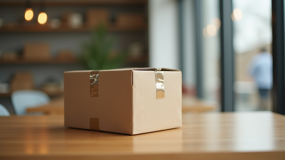Close-up view of a sealed package on a delivery table