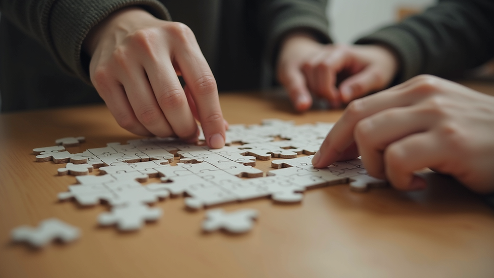 Close-up view of hands assembling a puzzle on a wooden table