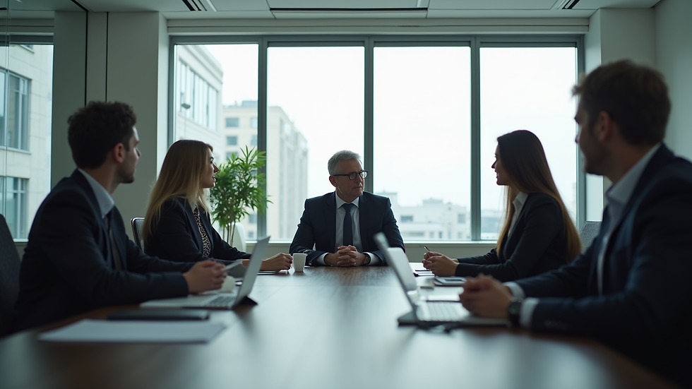 Eye-level view of a modern office meeting room with a leader speaking to a small team