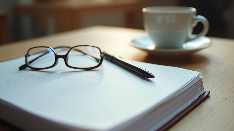 High angle view of a notebook, glasses, and coffee cup on a desk, symbolizing learning and leadership development