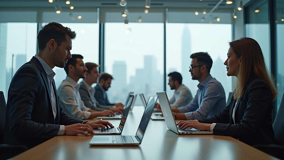 Eye-level view of a modern office with employees using laptops for online training