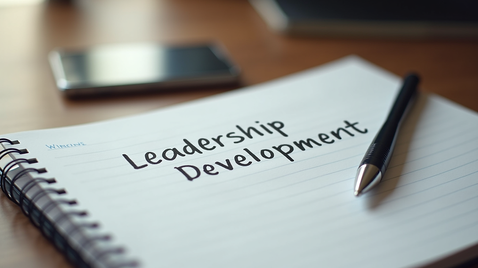 Close-up view of a notebook with leadership development notes and a pen