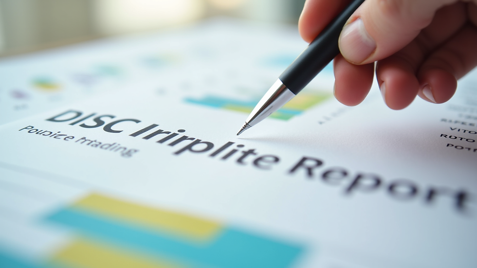 Close-up view of a printed DISC profile report with colored graphs