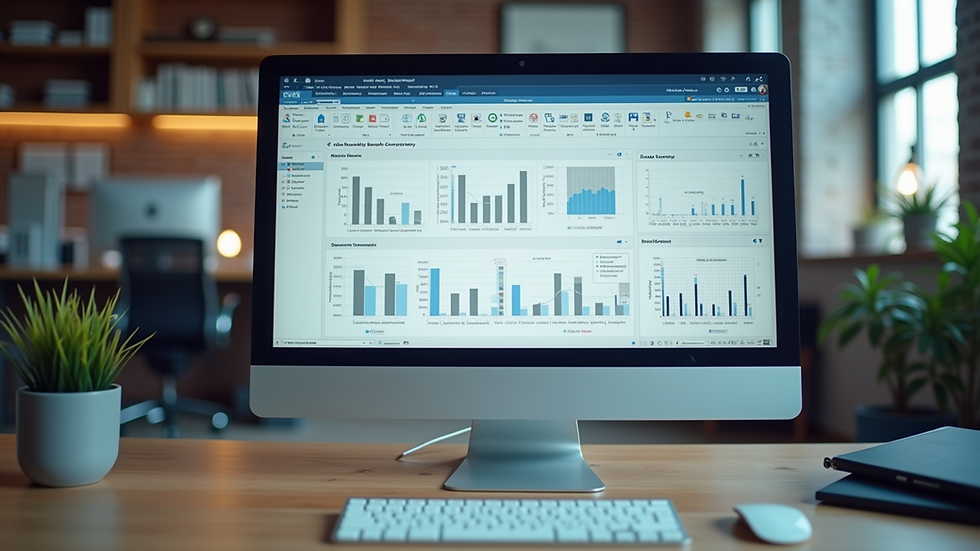 Eye-level view of a modern office workspace with a computer displaying management software
